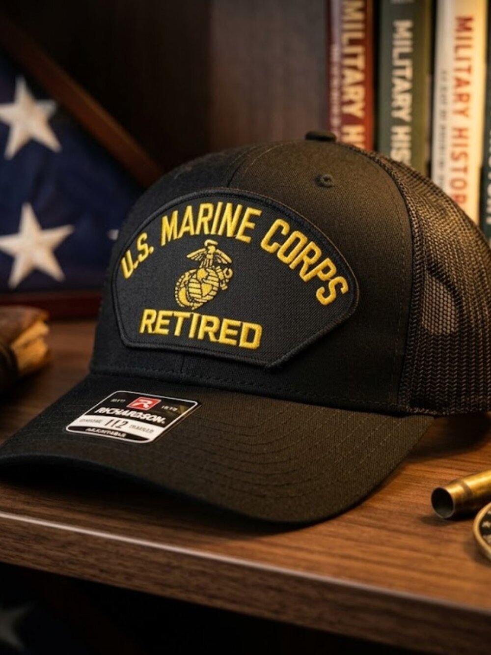 Retro US Marine Corps Retired Trucker Hat USMC Veteran Patch Richardson 112 NEW
